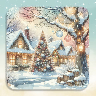 Whimsical Folk Village Kerstmis Vierkante Sticker