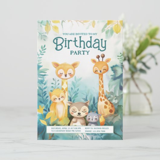 Whimsical Forest Animal Theme Verjaardag Uitnodige Kaart (Staand voorkant)