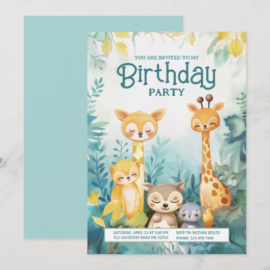 Whimsical Forest Animal Theme Verjaardag Uitnodige Kaart (Voorkant / Achterkant)