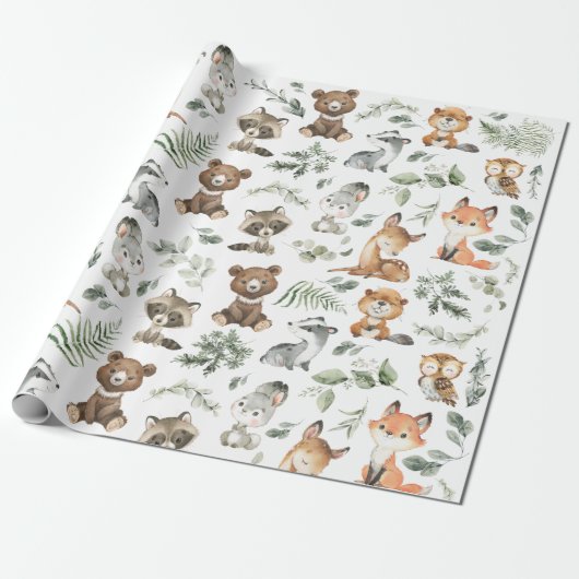 Whimsical Forest Animals Sage Greenery Cadeaupapier (Uitgerold)