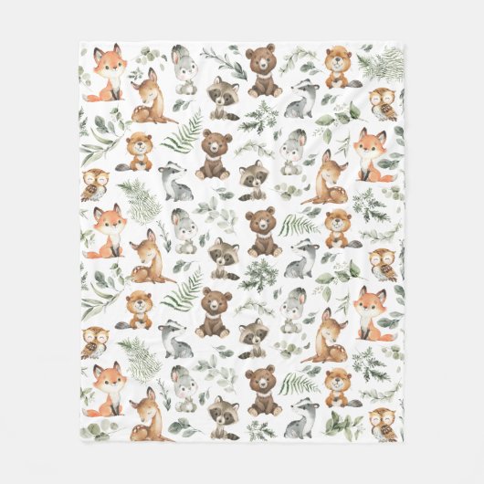 Whimsical Forest Animals Sage Greenery Fleece Deken (Voorkant)