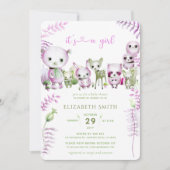 Whimsical Forest Beer Bunny Pink Girl Baby shower Kaart (Voorkant)