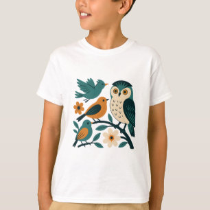 Whimsical Forest Birds - Uil en Songbirds Modern T-shirt