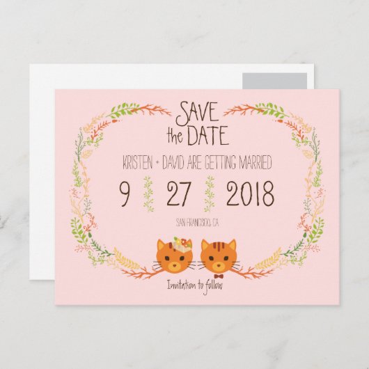 Whimsical Forest Cats Blush Bruiloft Save the Date Aankondigingskaart (Voorkant / Achterkant)