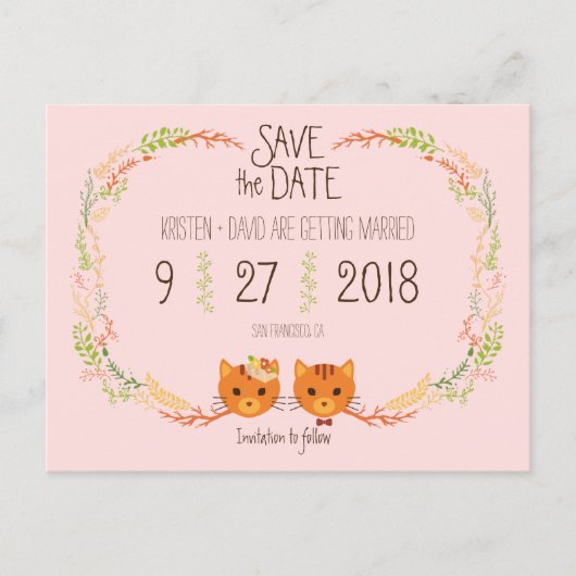 Whimsical Forest Cats Blush Bruiloft Save the Date Aankondigingskaart (Voorkant)