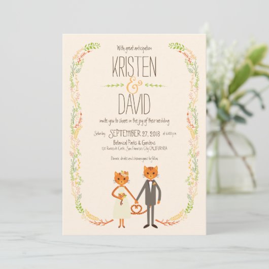 Whimsical Forest Cats (Cream) Bruiloft Kaart (Staand voorkant)