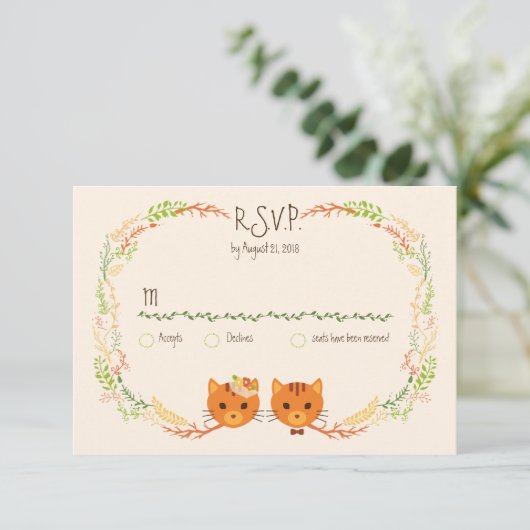 Whimsical Forest Cats (Cream) Bruiloft RSVP (Staand voorkant)