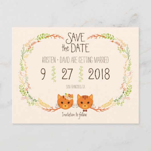 Whimsical Forest Cats Cream Wedding Save the Date Aankondigingskaart (Voorkant)