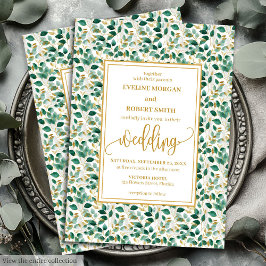 Whimsical Forest Green Gold Leaves Wedding Invite Kaart