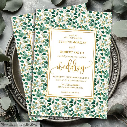 Whimsical Forest Green Gold Leaves Wedding Invite Kaart