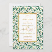 Whimsical Forest Green Gold Leaves Wedding Invite Kaart (Voorkant)