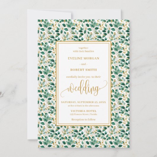 Whimsical Forest Green Gold Leaves Wedding Invite Kaart (Voorkant)
