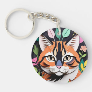 Whimsical Forest kat in Papier-Knipkunst Sleutelhanger
