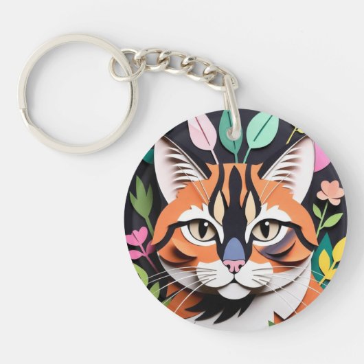 Whimsical Forest kat in Papier-Knipkunst Sleutelhanger (Voorkant)