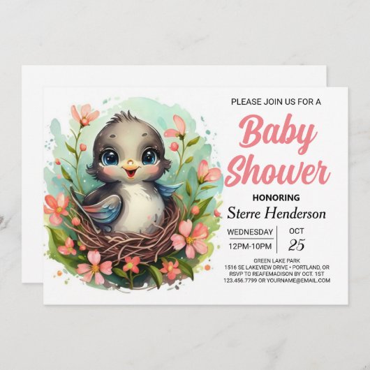 Whimsical Forest Modern Bird Baby shower Kaart (Voorkant / Achterkant)