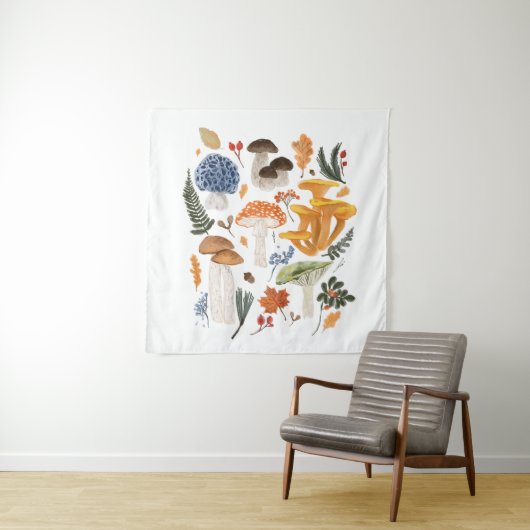 Whimsical Forest Mushrooms Waterverf illustratie Wandkleed (In situ)