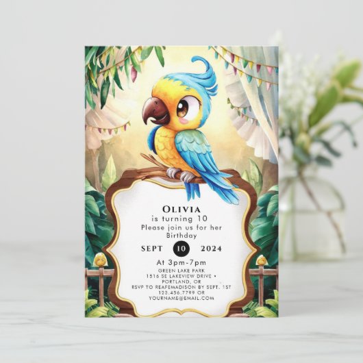 Whimsical Forest Parrot verjaardag Kaart (Staand voorkant)