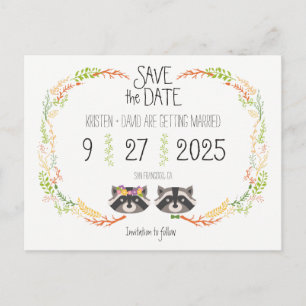 Whimsical Forest Raccoons Rustic Save the Date Aankondigingskaart