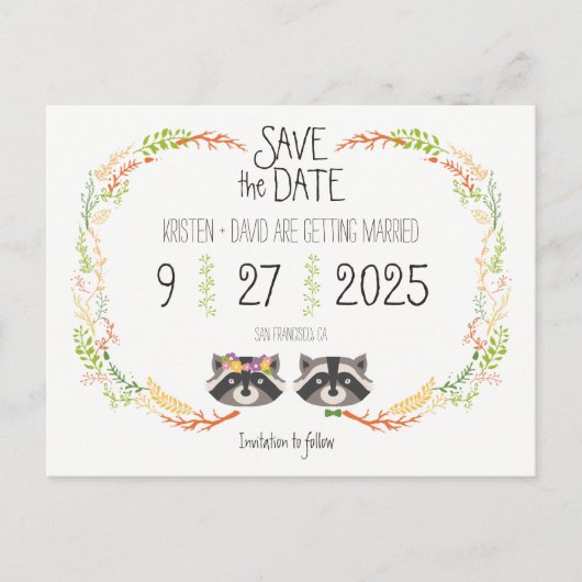 Whimsical Forest Raccoons Rustic Save the Date Aankondigingskaart (Voorkant)