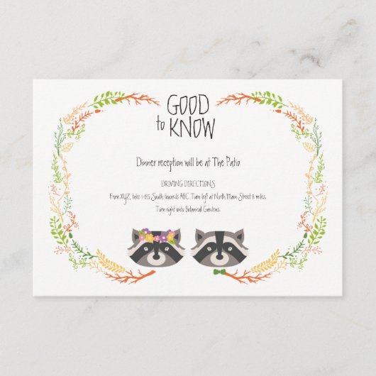 Whimsical Forest Raccoons Rustieke bruiloft behuiz Informatiekaartje (Voorkant)