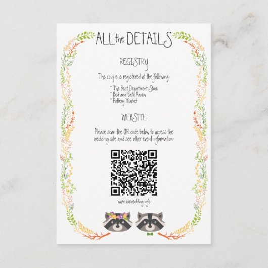 Whimsical Forest Raccoons Rustieke bruiloft behuiz Informatiekaartje (Voorkant)