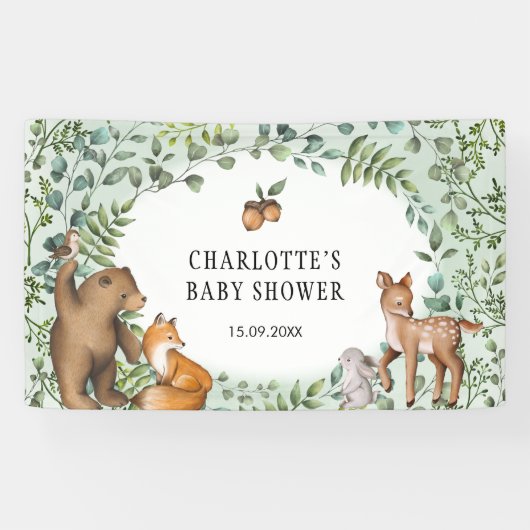 Whimsical Forest Woodland Animals Welkom Baby Spandoek (Horizontaal)