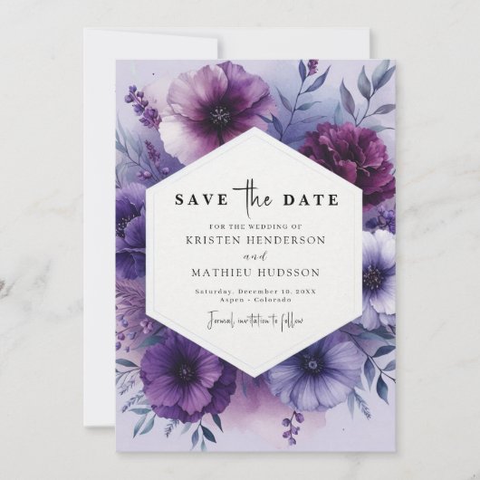 Whimsical Foto Paarse Bloemen bruiloft Save The Date (Voorkant)