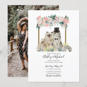 Whimsical Foto Waterverf Kat Roze Witte Bloemen Kaart