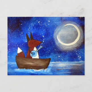 Whimsical Fox Art Boat Blue Kinder Cute Briefkaart