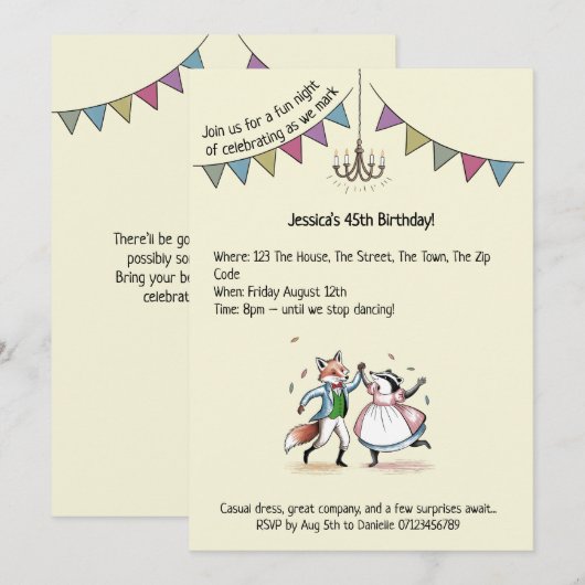 Whimsical Fox & Badger Dance 45e verjaardag Uitnod Kaart (Voorkant / Achterkant)
