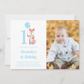Whimsical Fox & Balloon Blauw 1e Verjaardag Foto Kaart (Voorkant)