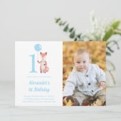 Whimsical Fox & Balloon Blauw 1e Verjaardag Foto Kaart (Staand voorkant)