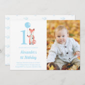 Whimsical Fox & Balloon Blauw 1e Verjaardag Foto Kaart (Voorkant / Achterkant)