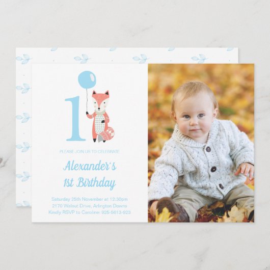 Whimsical Fox & Balloon Blauw 1e Verjaardag Foto Kaart (Voorkant / Achterkant)