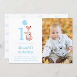 Whimsical Fox & Balloon Blauw 1e Verjaardag Foto Kaart