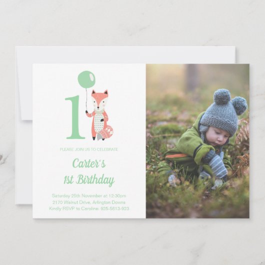 Whimsical Fox & Balloon Green 1e Verjaardag Foto Kaart (Voorkant)