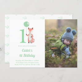 Whimsical Fox & Balloon Green 1e Verjaardag Foto Kaart