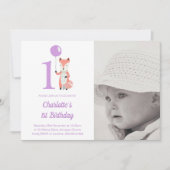 Whimsical Fox & Balloon Paarse 1e Verjaardagsfoto Kaart (Voorkant)