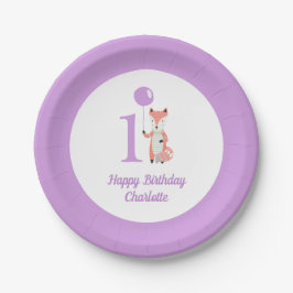 Whimsical Fox & Balloon Paarse Happy Birthday 1st Papieren Bordje