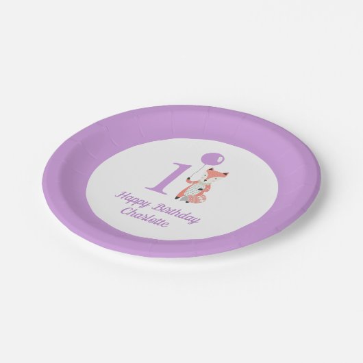 Whimsical Fox & Balloon Paarse Happy Birthday 1st Papieren Bordje (Gekanteld)