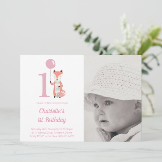 Whimsical Fox & Balloon Roze 1e Verjaardag Foto Kaart (Staand voorkant)