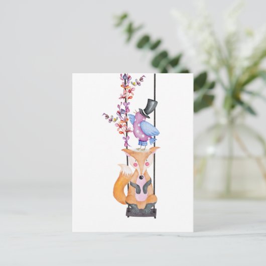 Whimsical Fox & Bird Briefkaart (Staand voorkant)