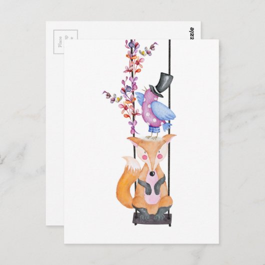 Whimsical Fox & Bird Briefkaart (Voorkant / Achterkant)