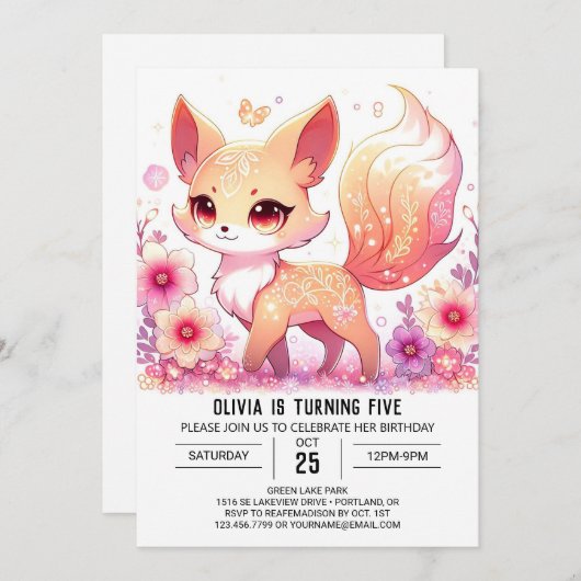 Whimsical Fox digitale verjaardag Kaart (Voorkant / Achterkant)