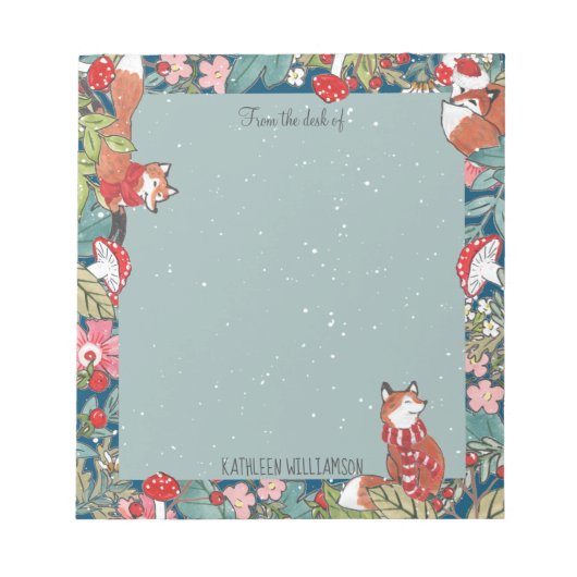 Whimsical Fox Mushroom Blauwgroen Woodland kerst Notitieblok (Voorkant)