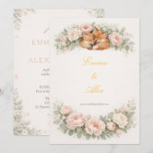 Whimsical Fox & Pastel Bloemen Bruiloftsinvatie Kaart (Voorkant / Achterkant)