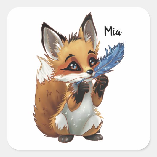 Whimsical Fox with a Feather Vierkante Sticker (Voorkant)