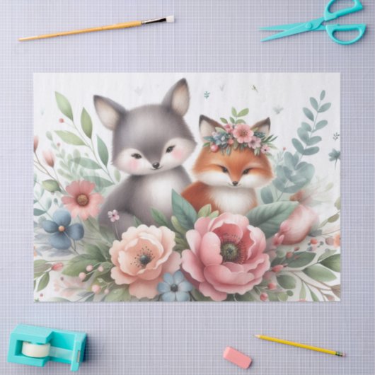Whimsical Foxes bloemen en groen weefselpapier Tissuepapier (Craft)