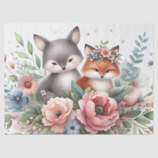 Whimsical Foxes bloemen en groen weefselpapier Tissuepapier (Voorkant)
