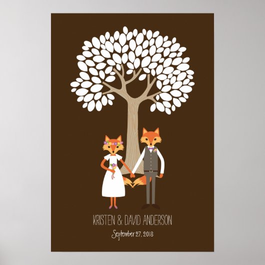 Whimsical Foxes Wedding Fingerprint Signature Tree Poster (Voorkant)